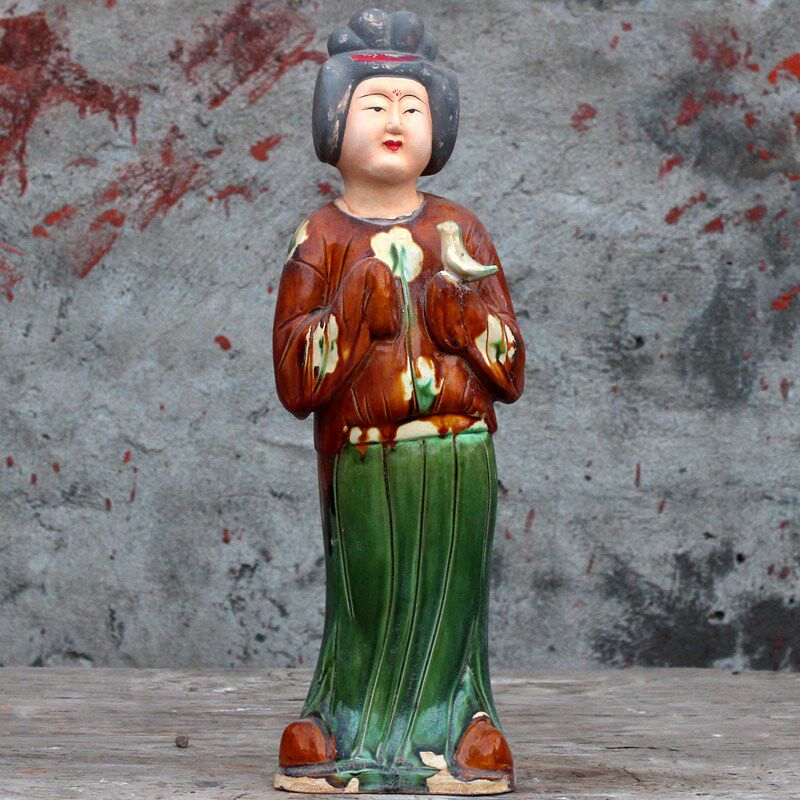 唐三彩仿古仕女陶瓷器摆件博古架收藏古玩画彩绘做旧胖妞肥婆陶俑