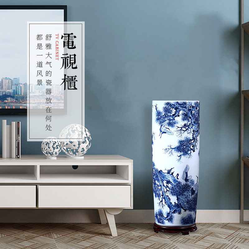 景德镇陶瓷手绘青花瓷落地大花瓶插花箭筒客厅书画缸直筒瓷器摆件