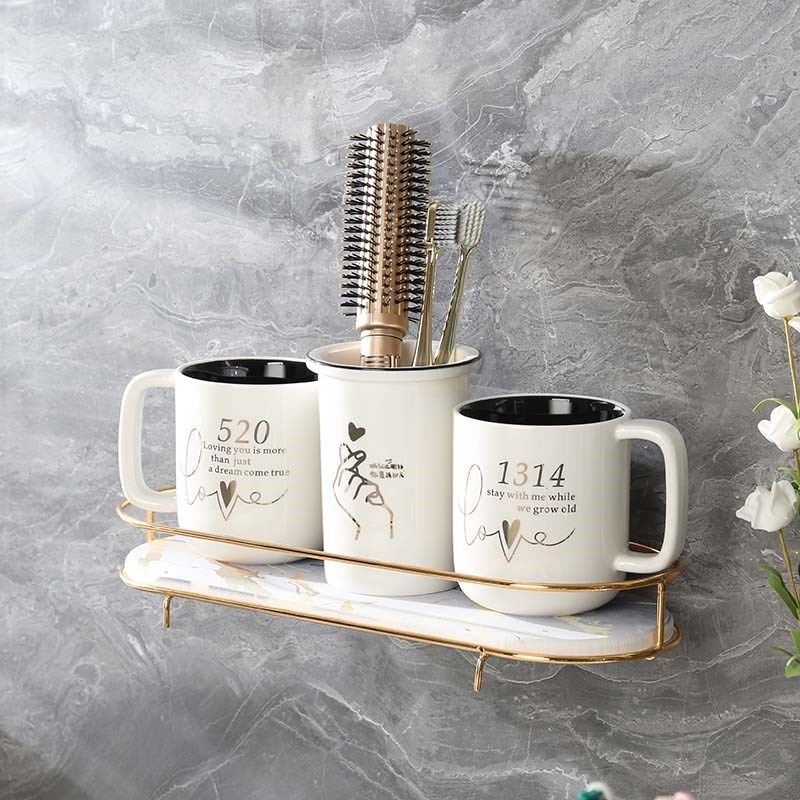 高颜值轻奢情侣漱口杯电动牙刷置物架套装壁挂式刷牙杯家用免打孔