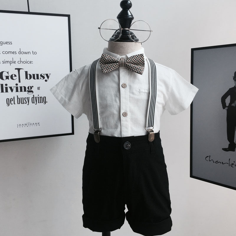 新款英伦风男童背带裤衬衫套装 男宝宝白衬衣黑裤子礼服演出服