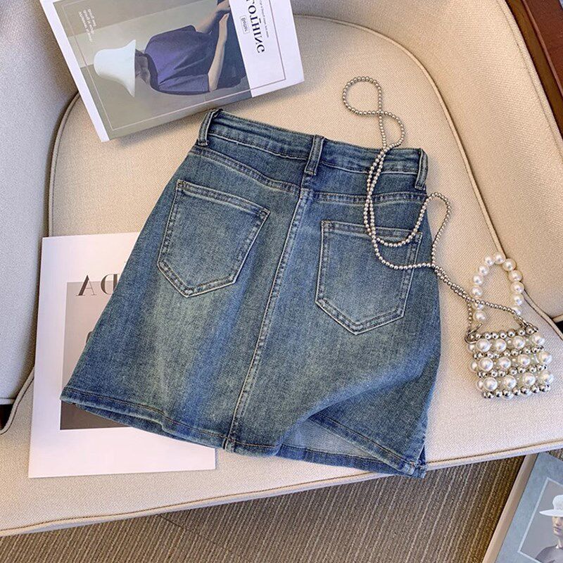 遮肚子显瘦牛仔短裙女夏季2023新款胖妹妹mm大码高腰a字半身裙子