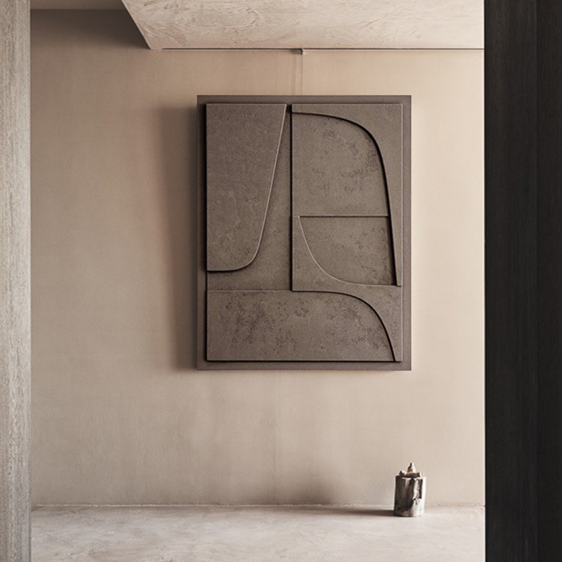 手绘侘寂风客厅装饰画玄关挂画3d立体木雕实物画设计师样板间定制