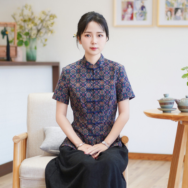 筠雅夏季新款简约清新旗袍式上衣唐装女改良版修身复古素衣24J181