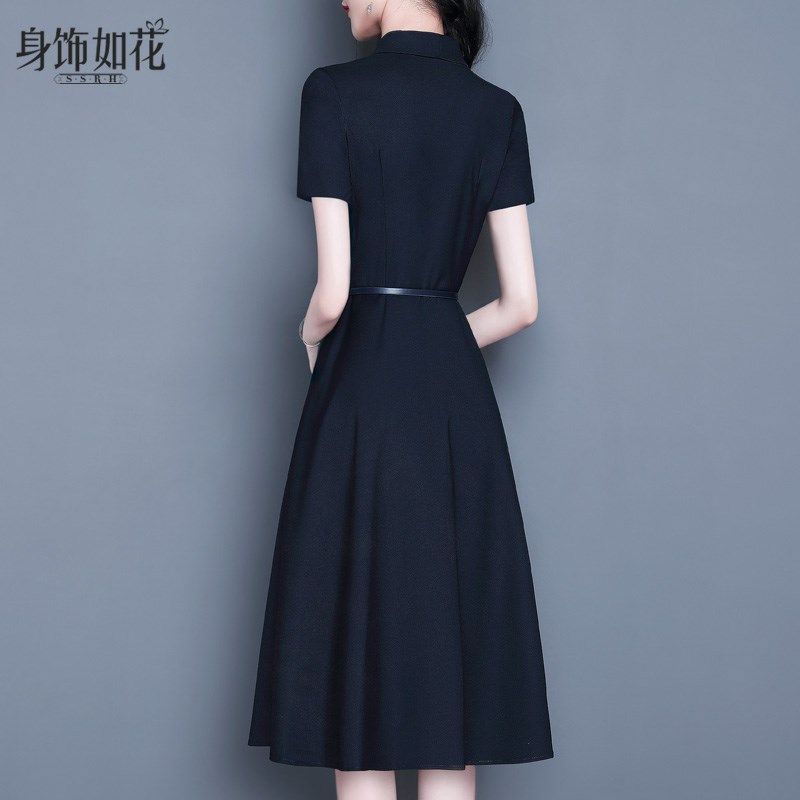 2024夏季新款气质名媛修身显瘦a字西装裙中长款藏蓝色短袖连衣裙