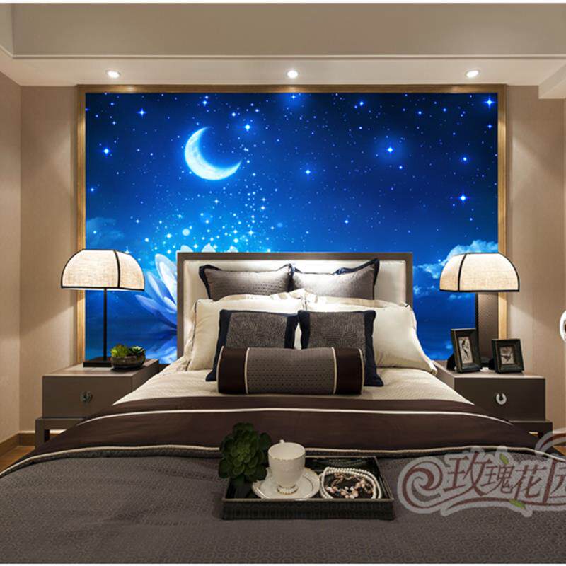 梦幻蓝色月亮星空睡莲墙贴画夜空卧室墙纸贴自粘壁纸直播背景壁画