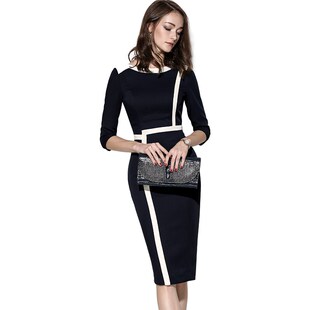 颈袖添香2024夏季气质包臀显瘦OL职业酒会正装撞色五分袖连衣裙女