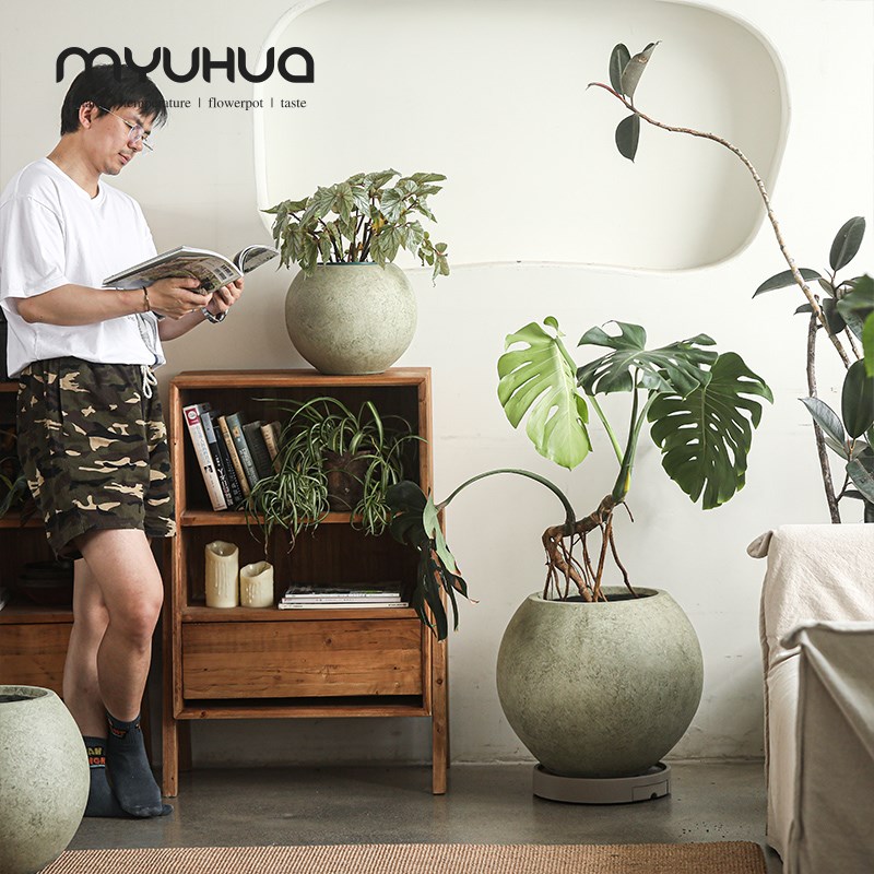 简约创意绿色球形镁泥花盆大号室内大型绿植花器龟背竹办公室装饰