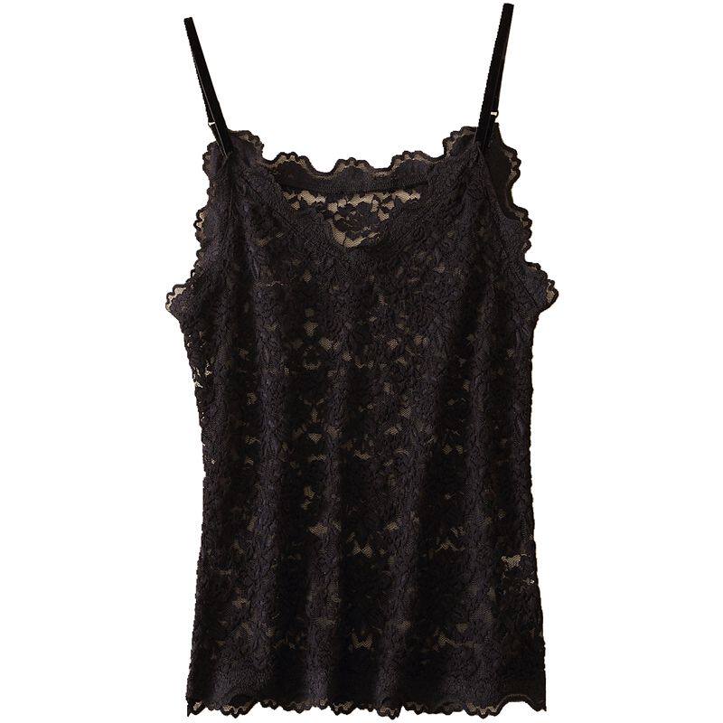女人味吊带背心外穿钩花无袖短款大码蕾丝镂空内搭打底衫性感上衣