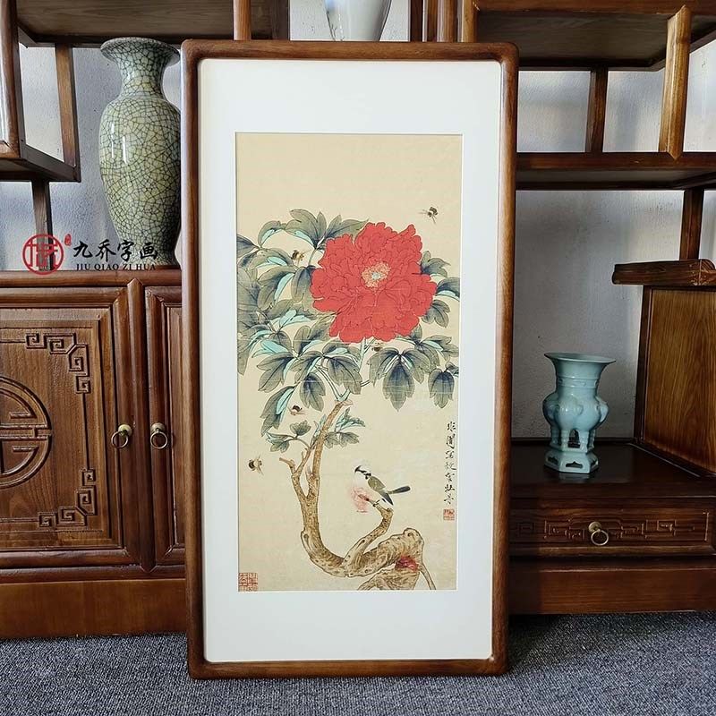 牡丹花挂画工笔花鸟画四条屏新中式客厅沙发背景墙装饰画玄关壁画