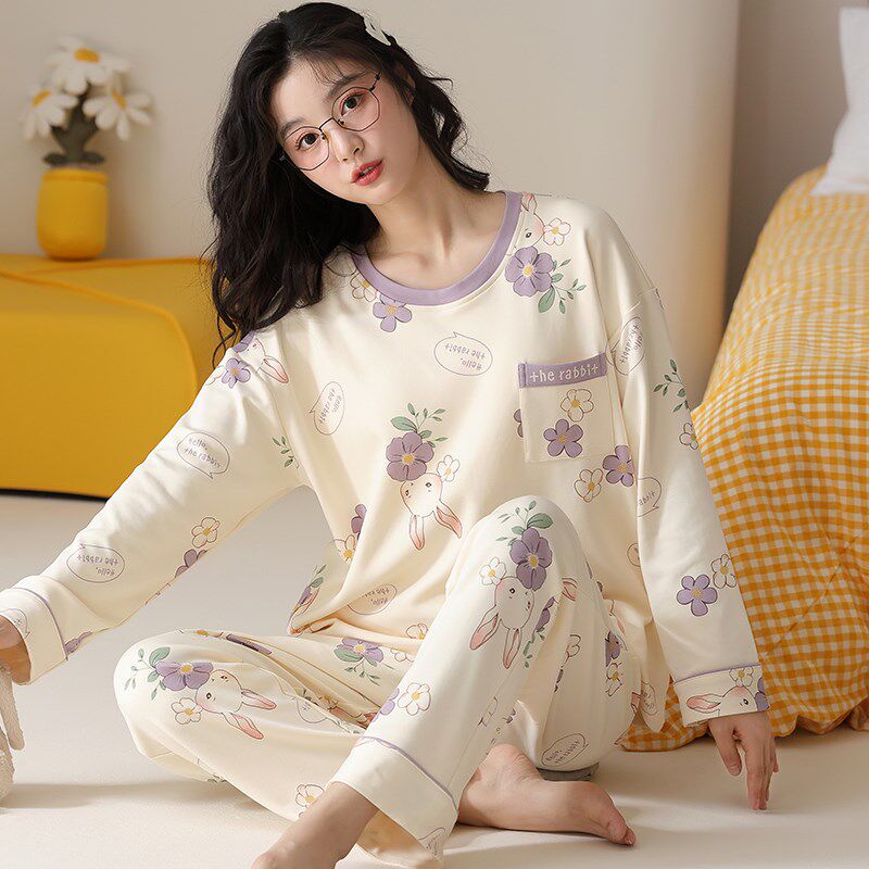 卡之恋睡衣女款春秋季长袖纯棉薄款圆领田园风碎花卡通兔子家居服