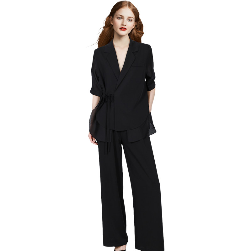 2023夏季新款黑色西装气质显瘦拼接阔腿裤两件套简约复古时尚套装,女装/女士精品,时尚套装,淘宝优惠券,粉丝福利购,淘宝优惠卷