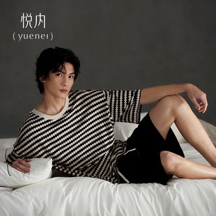 悦内男士睡衣夏季短袖短裤纯棉家居服男款薄夏款圆领套头条纹休闲