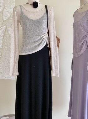 150小个子薄款防晒抽绳露肩长袖T恤罩衫V领吊带连衣裙时尚套装潮