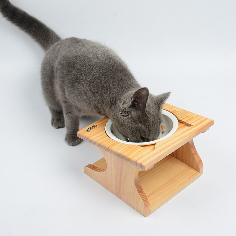 简约实木猫碗斜面猫碗架狗碗陶瓷猫碗双碗加菲泰迪防噎食饭碗包邮