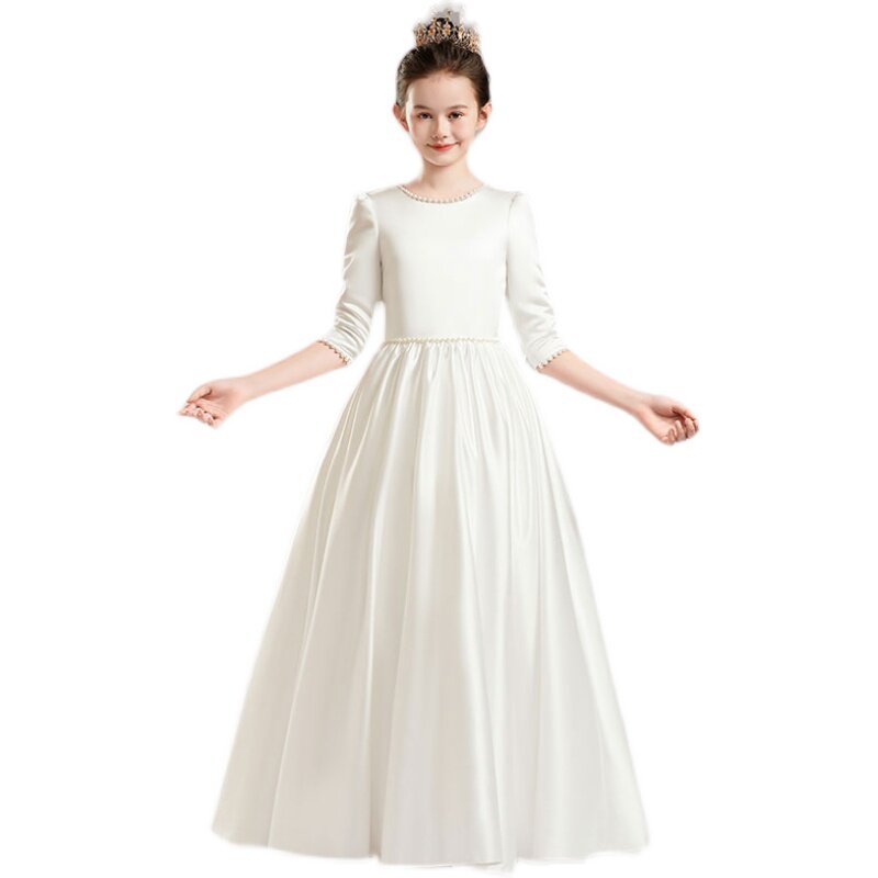 女童晚礼服白色中袖儿童生日花童婚礼小女孩高端钢琴演奏公主裙新