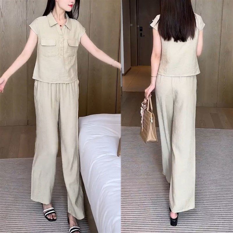 2025夏季新款短袖上衣阔腿裤子两件套女小个子气质显瘦polo领套装