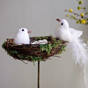 田园森系天然手工制小鸟窝鸟巢装 饰摆件麻雀鸟蛋羽毛庭院花园布置