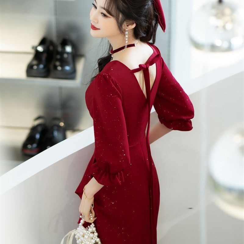 敬酒服新娘小个子酒红色平时可穿夏季订婚连衣裙出阁宴回门礼服女