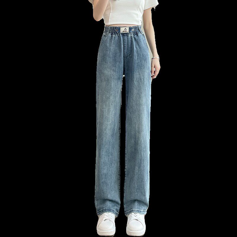夏季薄款牛仔直筒裤少女孩高中初中学生百搭宽松紧腰弹力阔腿长裤