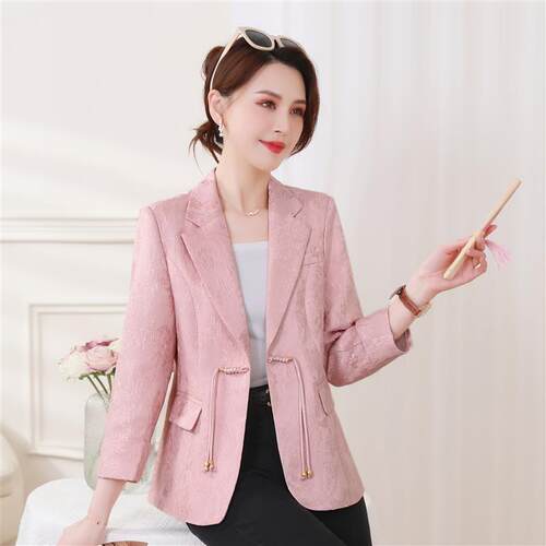 新中式国风缎面一粒扣西装外套女2024年新款春秋高端提花西服上衣