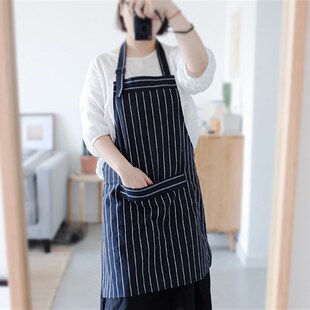 日式黑色条纹围裙 家用厨房半身围裙烘焙咖啡店奶茶店围裙