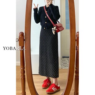 黑色波点西装半身裙女春秋胖mm大码遮肚显瘦梨形身材中长款a字裙