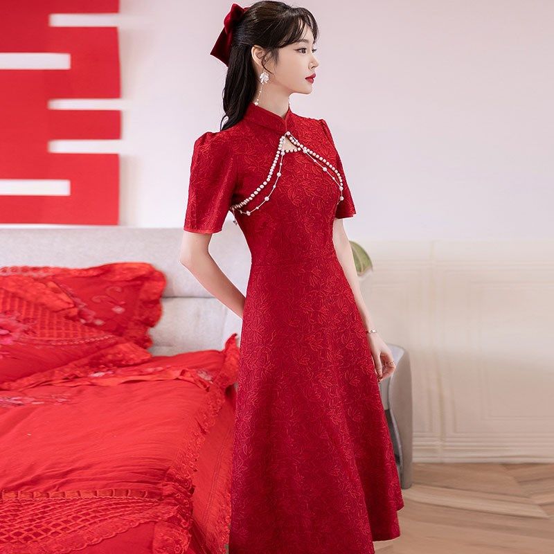 胖mm红色大码敬酒服新娘旗袍订婚礼服连衣服便装结婚气质中长裙子