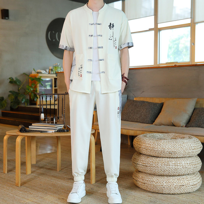 中国风休闲套装男夏季新款短袖衬衫男装一整套穿搭新中式国潮衣服