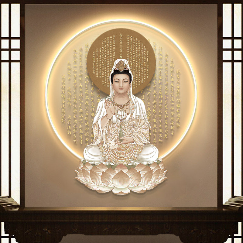 观音菩萨禅意玄关装饰画LED灯光挂画佛像新中式心经字画茶室壁画
