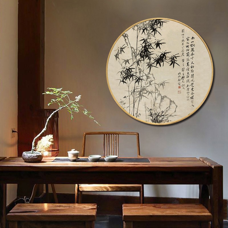 网红国画水墨画竹子圆形装饰画中式客厅书房玄关郑板桥竹石兰蕙图