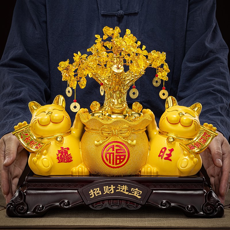 招财进宝发财树招财猫摆件客厅酒柜收银台装饰品店铺乔迁开业礼物