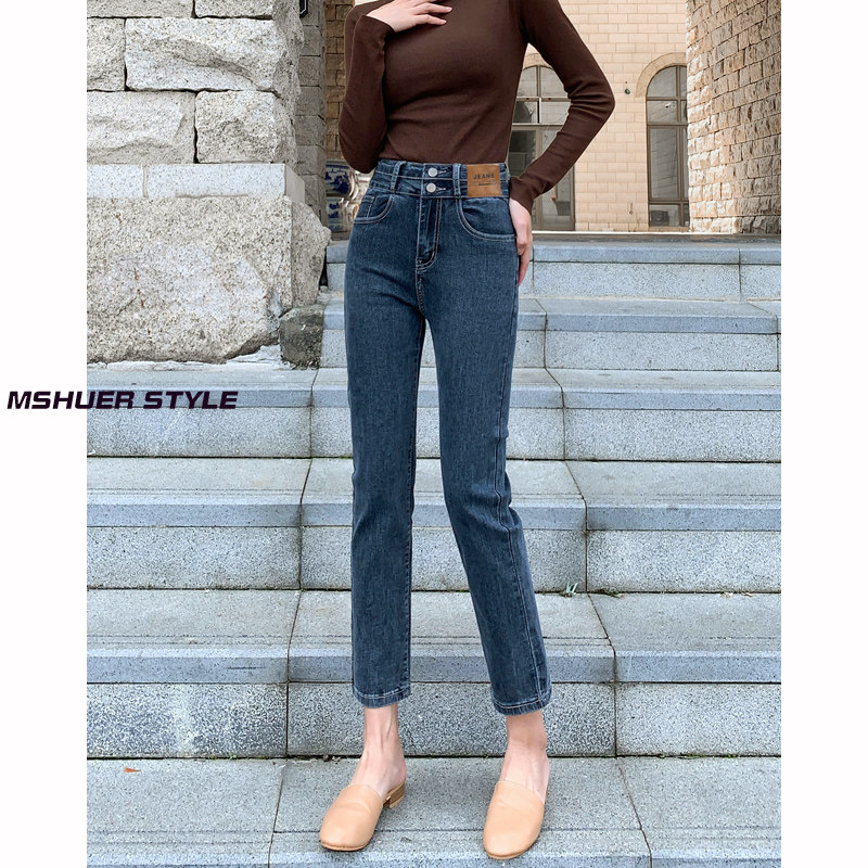 烟管裤女2024年新款秋冬季高腰显瘦冬加绒小个子九分直筒牛仔裤子