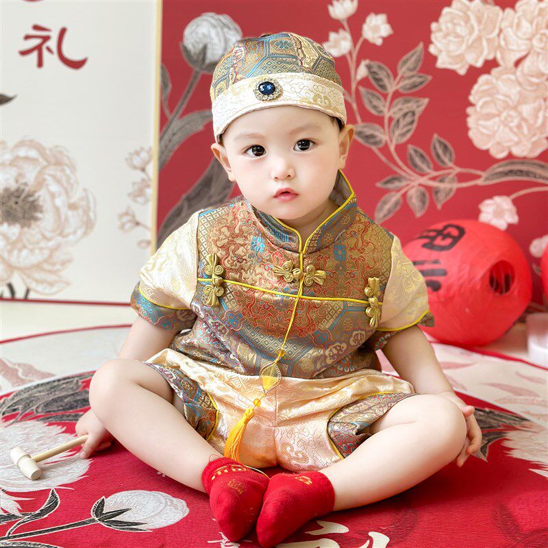 新中式冠衣周岁礼服抓周服喜庆生日宴男宝春秋新款百天儿童唐装