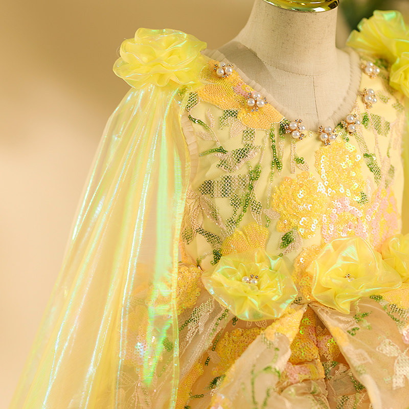 女童礼服模特走秀拖尾黄色儿童小主持人高端舞台小女孩钢琴演出服