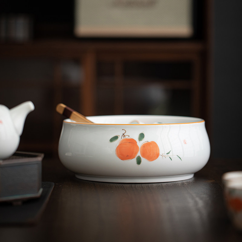 白瓷手绘柿子茶洗大号水盂家用笔洗白瓷茶杯碗茶渣缸功夫茶具茶缸