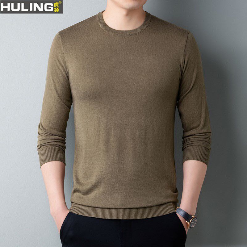 纯棉春秋季薄款针织衫长袖男装中青年圆领毛衣打底小衫男士上衣
