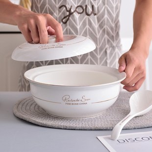 欧式金边大汤碗带盖家用品锅大碗面碗陶瓷大号汤盆创意酸菜鱼大碗
