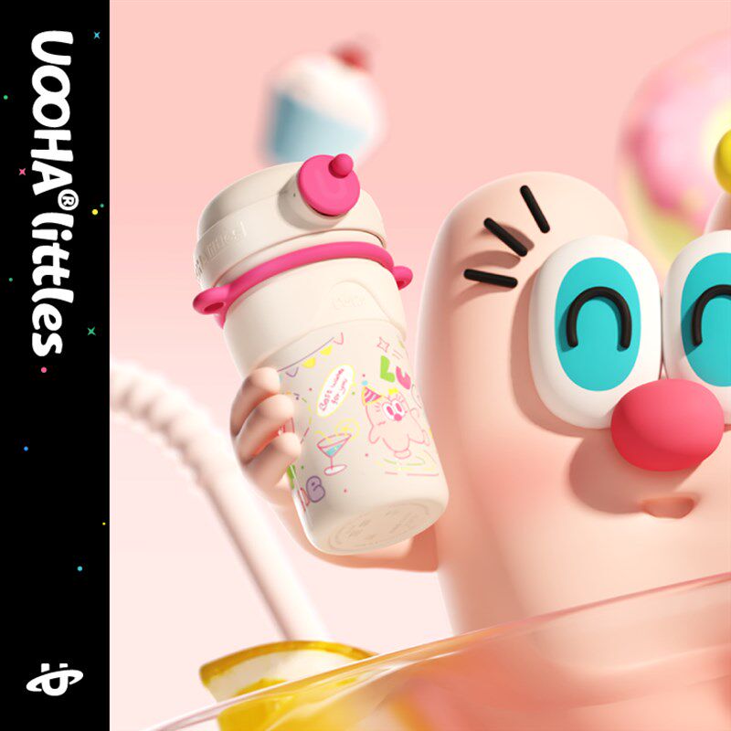 uooha一键双饮陶瓷内胆保温水杯儿童吸管杯子女生便携咖啡杯