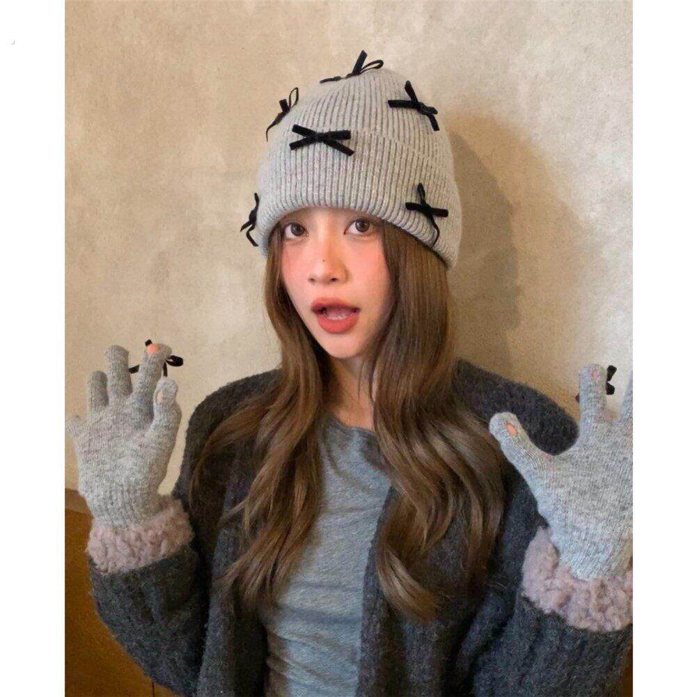 太甜了!蝴蝶结针织免毛毛线帽子女秋冬ins甜美加厚保暖冷帽手套
