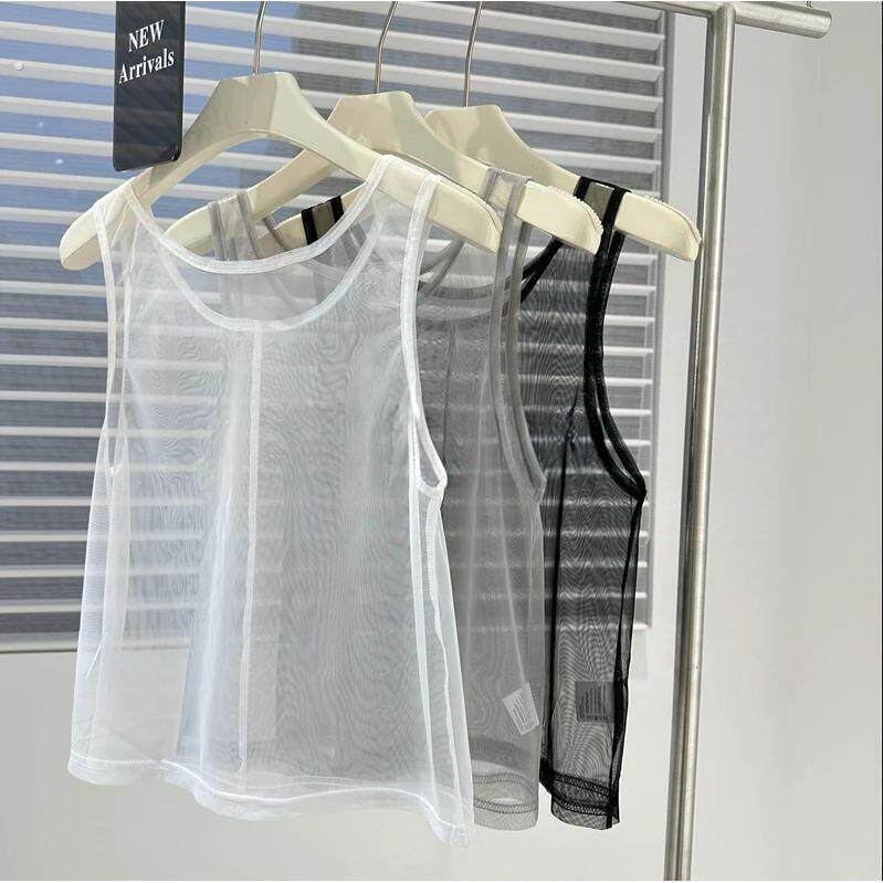 网纱上衣吊带背心女士圆领套头短款罩衫夏天内搭外穿叠穿薄款黑色