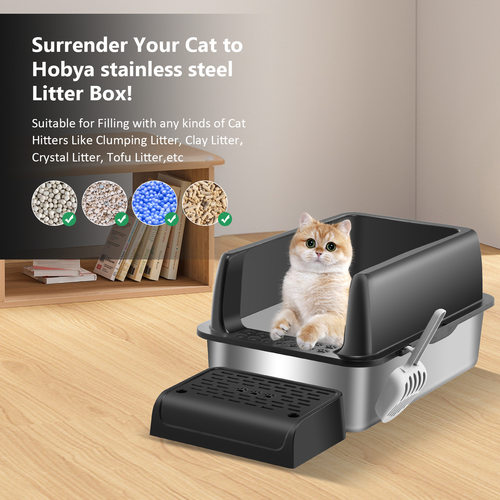 亚马逊20cm加大不锈钢猫砂盆跨境半封闭防溅猫厕所cat litter box