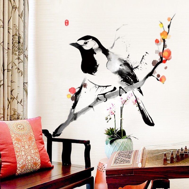 中式水墨小鸟贴画房间墙壁装饰品客厅卧室墙纸自粘走廊过道墙贴纸,家居饰品,软装墙贴,淘宝优惠券,粉丝福利购,淘宝优惠卷