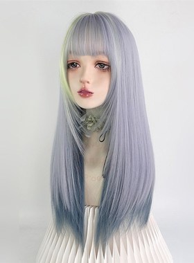 蓝绿色挑染假发全头套女亚文化彩lolita二次元y2k亚比整顶长直发