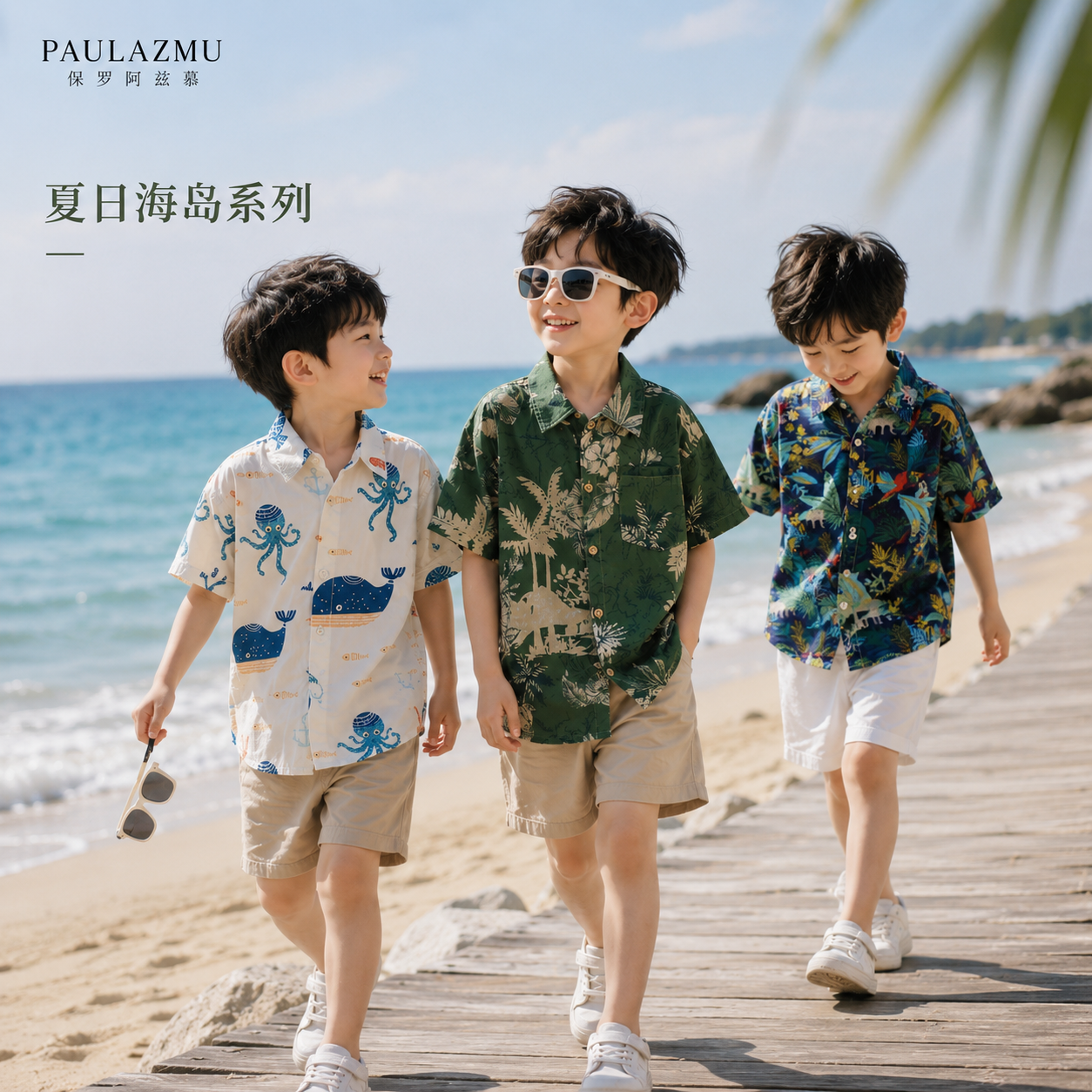 【保罗阿兹慕】儿童夏季套装海边度假风衬衫短裤两件套洋气童装潮