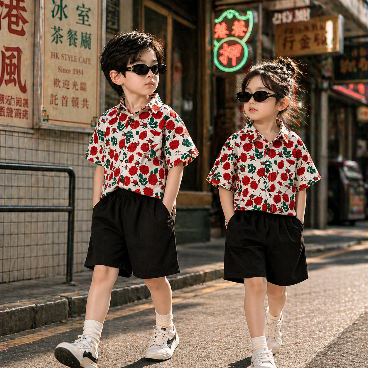 【保罗阿兹慕】儿童花衬衫玫瑰花男宝宝港风表演服痞帅夏季短袖潮