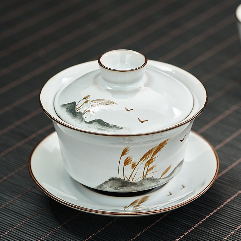 官窑三才盖碗带盖泡茶杯陶瓷敬茶碗家用功夫品茗杯茶漏茶滤公道杯图片