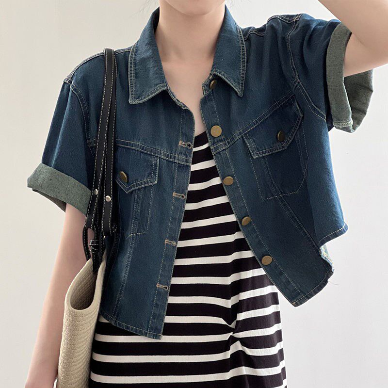 蓝色牛仔短袖衬衫小外套搭配裙子女2024夏季新款薄款宽松短款上衣