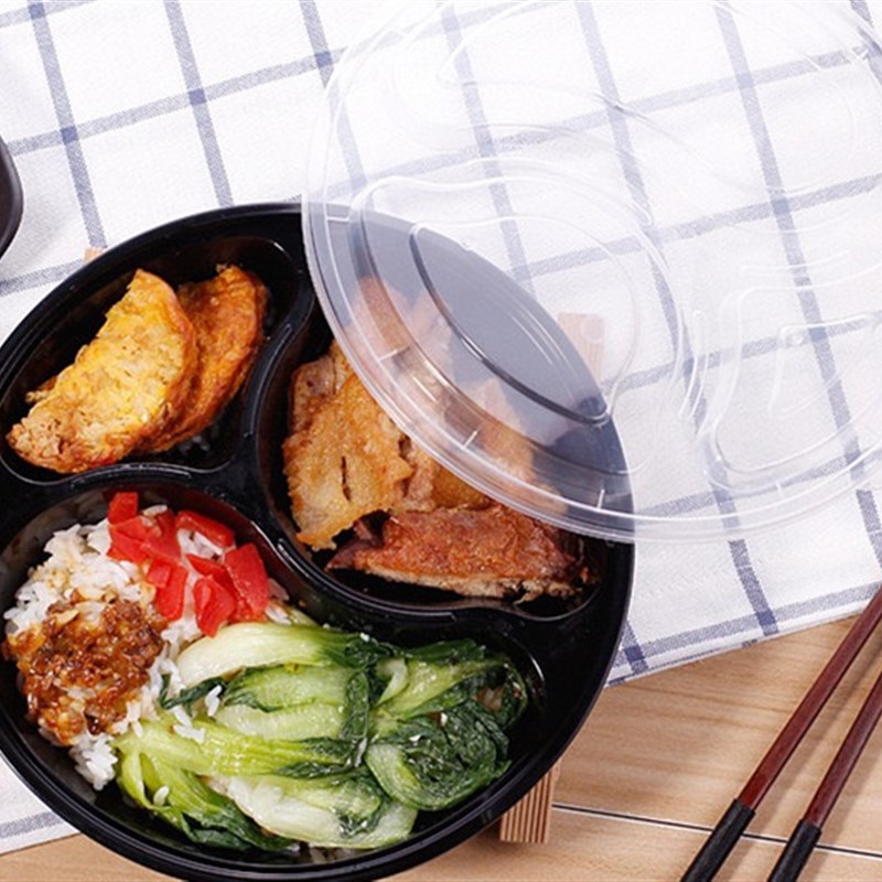 一次性快餐盒饭盒加厚塑料圆形三格打包盒外卖快餐盒 便当盒