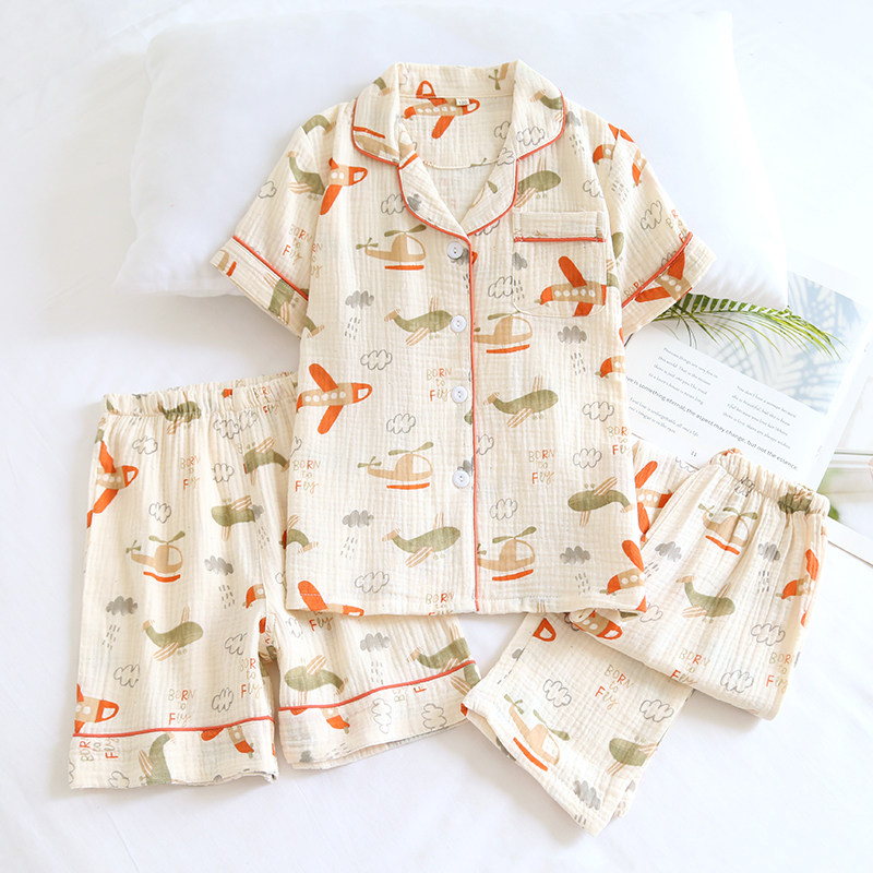 米筱米男童夏季薄全棉睡衣儿童纯棉纱布短袖长裤短裤三件套家居服