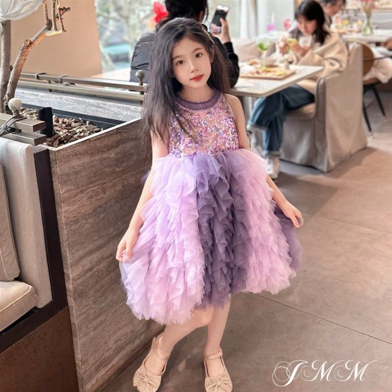 女童夏天裙子新款儿童亮片背心裙宝宝夏季洋气蓬蓬网纱裙小女孩款